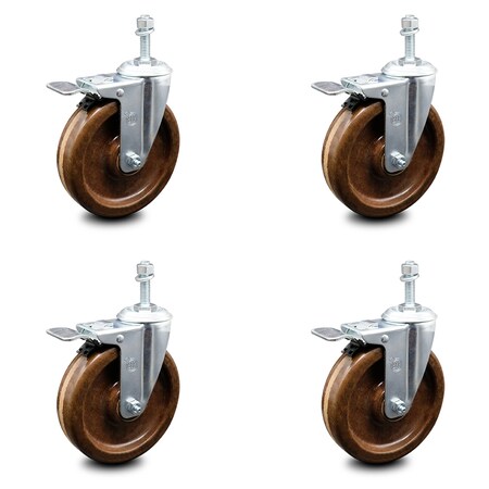 Service Caster 5 Inch High Temp Phenolic Swivel 12mm Stem Caster Set with Total Lock Brake SCC-TSTTL20S514-PHRHT-M1215-4